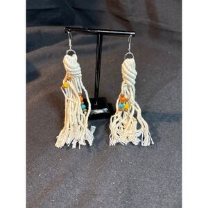 Boho Cream Macrame Tassel Earrings with Multicolor Beads